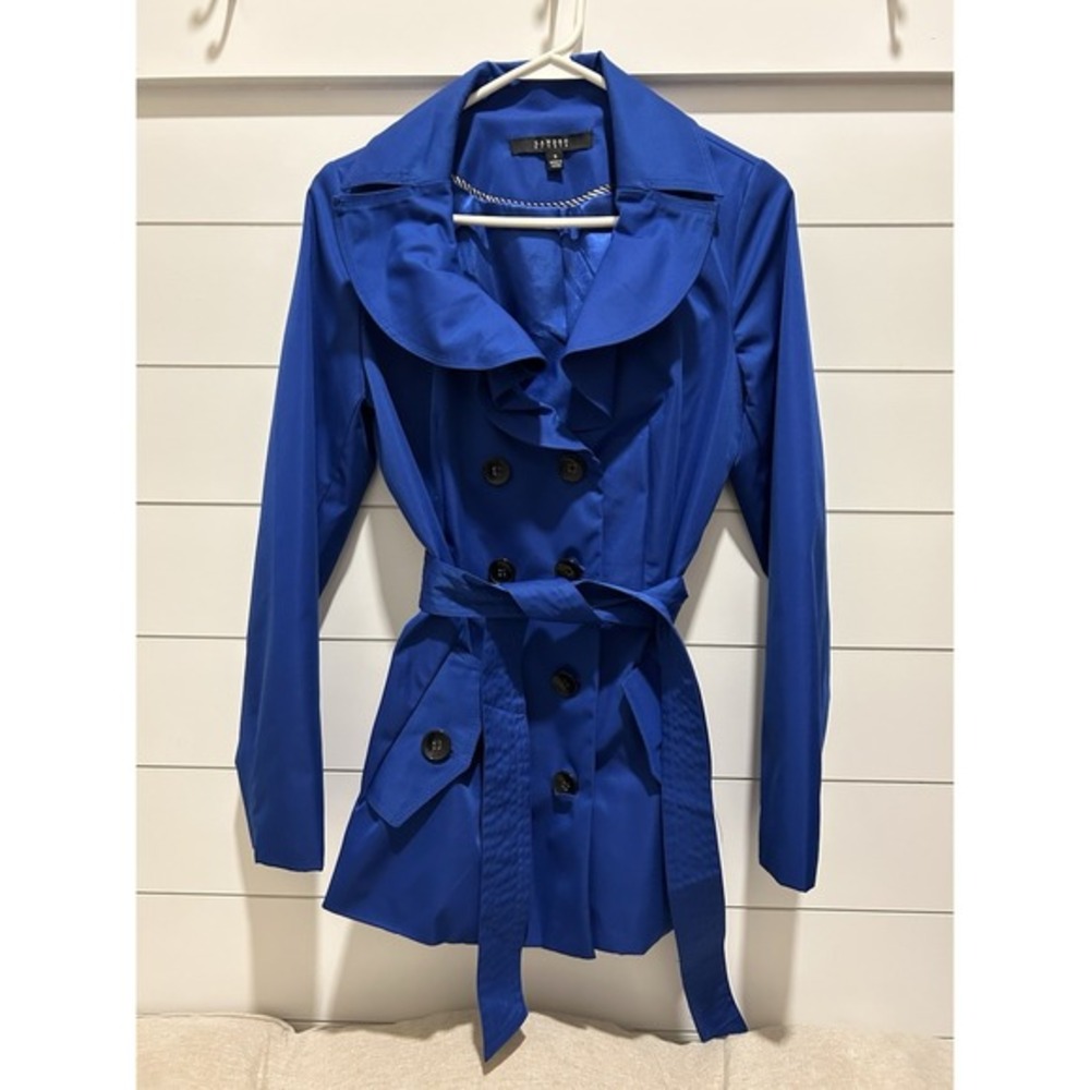 Sandro Studio Women's Cobalt Blue Spring Jacket Sz S Lined Ruffle Lapel Heritage